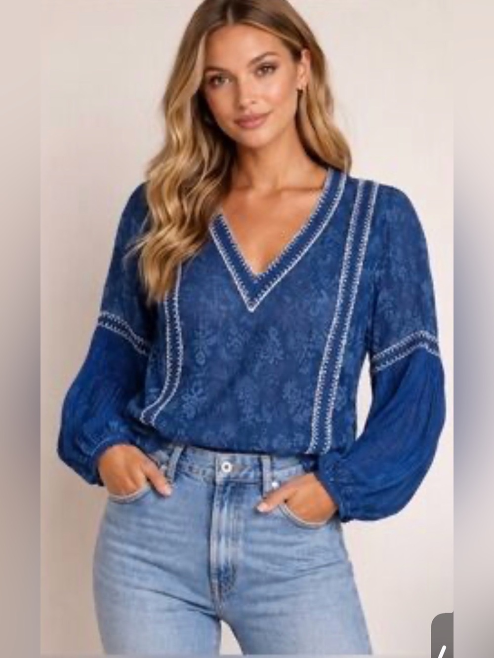 Alice + Olivia Natalya Sheer Embroidered Long Sleeve Blouse Blue Womens Small - Picture 1 of 5